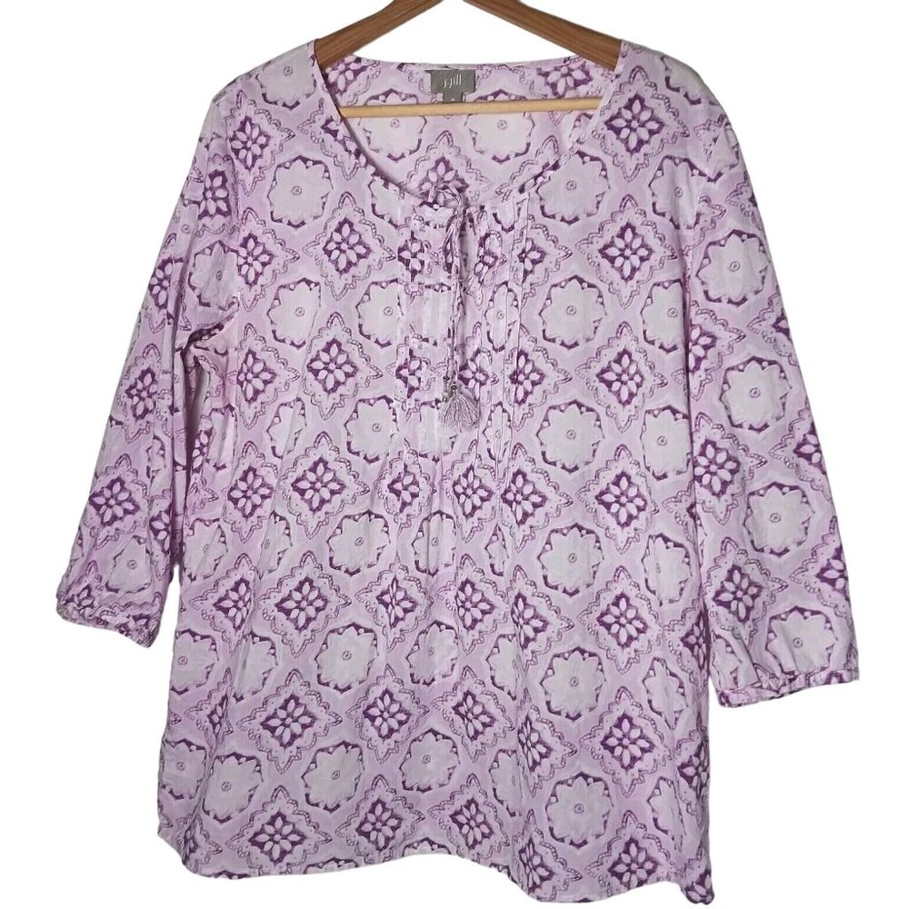 J Jill Blouse Medium Pullover Purple Mandala Floral Peasant Boho Pleated WS23